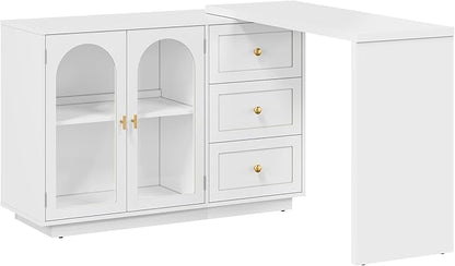 RoyalCraft L Shaped Home Office Desk, Large Extendable and Rotatable Desk with 3 Drawers and 2 Doors, Corner Computer Desk, Modern Study Writing Table for Bedroom, Home Office, White