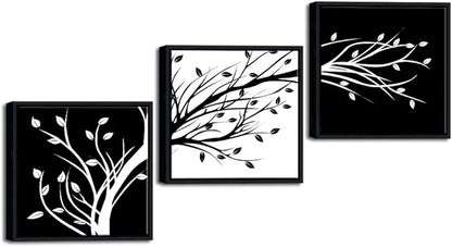 Wieco Art Framed Leaves Modern 3 Panels Flowers Artwork Canvas Prints Black and White Abstract Floral Trees Pictures Paintings on Canvas Wall Art for Living Room Home Decorations