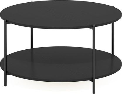Furinno BESI Coffee Table, 2-Tier Round Modern Coffee Table with Metal Legs, Metal Frame Side Table with Open Shelf, for Living Room, Bedroom, Home Office, Americano