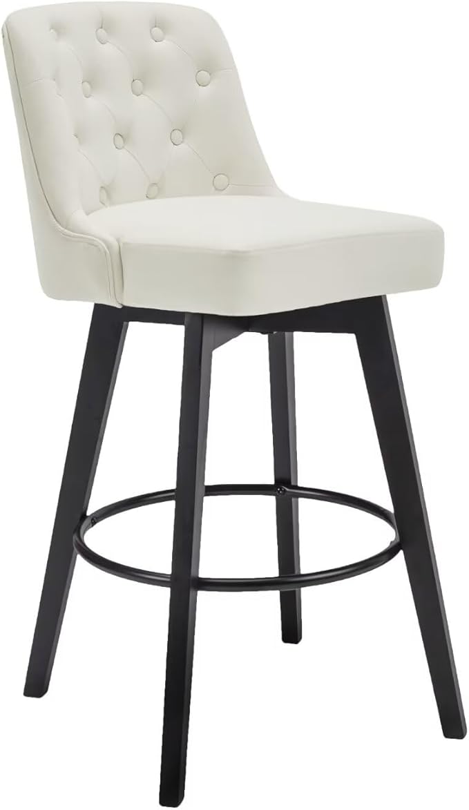MINCETA Bar Stool, PU Leather Barstool, 30 Inch Upholstered Counter Stool with Low Tufted Back and Footrest, Swivel Counter Height Barstool for Kitchen Island Home Bar White