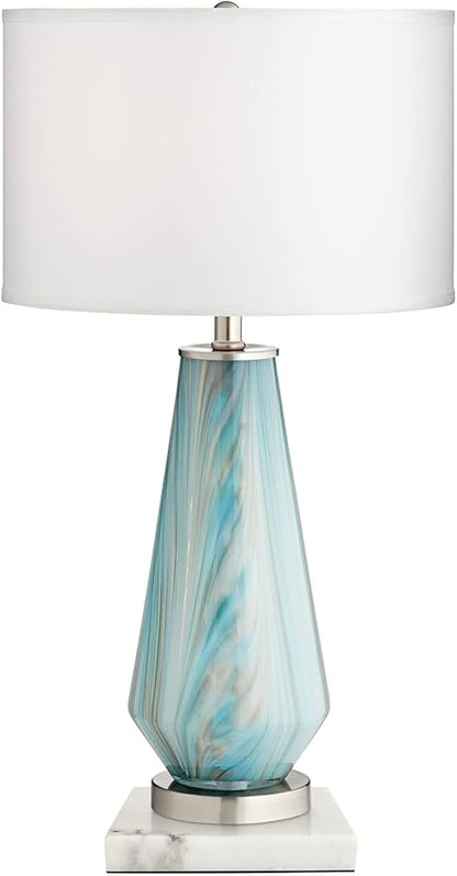 Possini Euro Design Jaime Coastal Table Lamp 26" High with Square White Marble Riser Blue Gray Art Glass White Drum Shade for Bedroom Living Room Nightstand Bedside Night Stand Office Kids Room