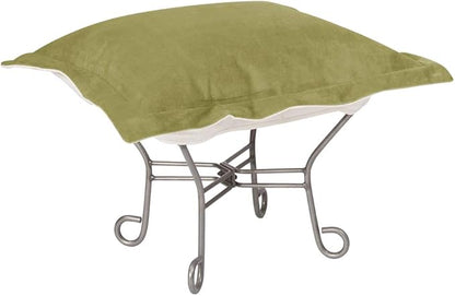 Howard Elliott Scroll Puff Ottoman Chair With Cover, Multipurpose Alternate Seating Footstool Footrest Chair with Titanium Frame, Patio Furniture for Camping, Home, Indoor & Outdoor, Bella Moss