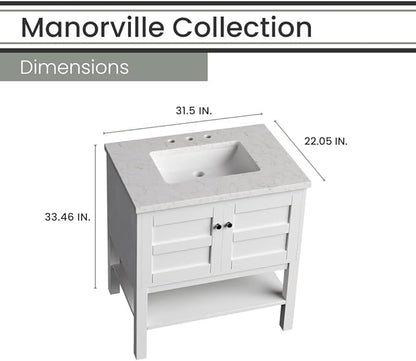 Hanover Manorville 31'' Vanity Cabinet with Sink Combo for Bathroom, Powder Room | Pre-Assembled Cabinet | 2 Doors, Bottom Shelf | Artificial Stone Marble Countertop, White Cabinet | HANVN0101-31-1WH