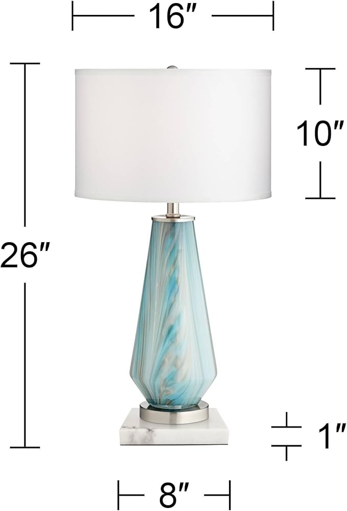 Possini Euro Design Jaime Coastal Table Lamp 26" High with Square White Marble Riser Blue Gray Art Glass White Drum Shade for Bedroom Living Room Nightstand Bedside Night Stand Office Kids Room