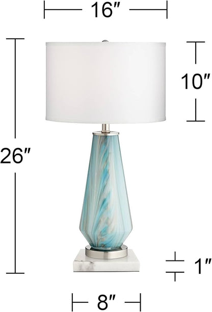 Possini Euro Design Jaime Coastal Table Lamp 26" High with Square White Marble Riser Blue Gray Art Glass White Drum Shade for Bedroom Living Room Nightstand Bedside Night Stand Office Kids Room