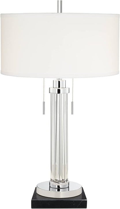 Possini Euro Design Cadence Modern Table Lamp 30" Tall with Square Black Marble Riser Linear Glass Rod White Linen Drum Shade for Bedroom Living Room Nightstand Bedside Night Stand Office Kids Room