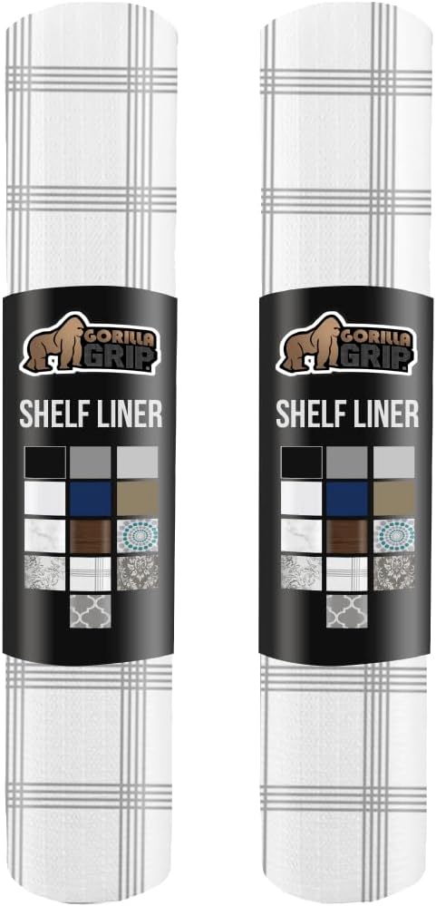 GORILLA GRIP Slip Resistant Drawer and Shelf Liner 2 Pack, Non Adhesive Water Resistant, Easy Trim, Smooth Surface Liners for Kitchen Cabinet Shelves Drawers Pantry, 17.5 IN x 20 FT, Stripe Gray White
