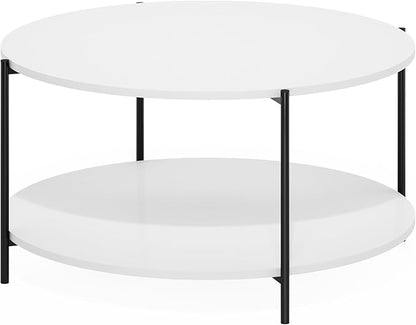 Furinno BESI Coffee Table, 2-Tier Round Modern Coffee Table with Metal Legs, Metal Frame Side Table with Open Shelf, for Living Room, Bedroom, Home Office, White