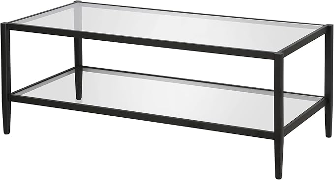 Henn&Hart 45" Wide Rectangular Coffee Table with Glass Shelf in Blackened Bronze, Modern coffee tables for living room, studio apartment essentials