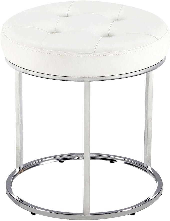 DUHOME Faux Leather Ottoman Stool, Vanity Chair Button Tufted Footrest Stool Makeup Stool with Metal Base for Living Room Bedroom, White
