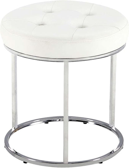DUHOME Faux Leather Ottoman Stool, Vanity Chair Button Tufted Footrest Stool Makeup Stool with Metal Base for Living Room Bedroom, White