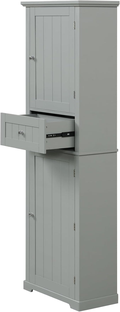 Tall Storage Cabinet, Bathroom Floor Freestanding Storage Cabinet with 2 Doors, One Drawer, and Adjustable Shelf for Bathroom, Office, Living Room, Grey