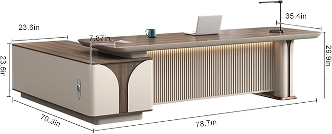 78IN L Shaped Executive Desk - Executive Office Desk with Side Cabinet & Grille Front Baffle & Embedded LED Strip & Mechanical Password Lock & Double-Layer Countertop & Gold Foot Pad