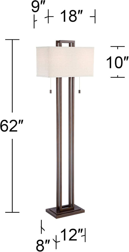 Possini Euro Design Modern Standing Floor Lamp 62" Tall Bronze Brown Openwork Frame 2-Light Oatmeal Linen Fabric Rectangular Shade Decor for Living Room Reading House Bedroom Home Office House