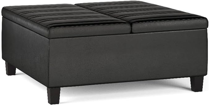 SIMPLIHOME Ellis 36 inch Wide Contemporary Square Coffee Table Storage Ottoman in Distressed Black Vegan Faux Leather, Assembled, for The Living Room and Bedroom