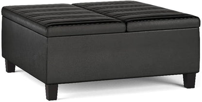 SIMPLIHOME Ellis 36 inch Wide Contemporary Square Coffee Table Storage Ottoman in Distressed Black Vegan Faux Leather, Assembled, for The Living Room and Bedroom