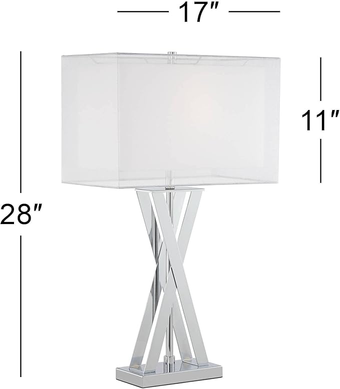 Possini Euro Design Proxima Modern Table Lamp 28" Tall Chrome Silver Crisscrossing Metal Sheer Outer White Inner Rectangular Shade for Bedroom Living Room House Bedside Nightstand Office Family