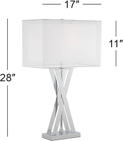 Possini Euro Design Proxima Modern Table Lamp 28" Tall Chrome Silver Crisscrossing Metal Sheer Outer White Inner Rectangular Shade for Bedroom Living Room House Bedside Nightstand Office Family