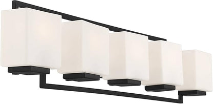 Possini Euro Design Lighting on The Square Modern Wall Mount Light Matte Black Aluminum Hardwired 37" 5-Light Fixture Opal Glass Shade for Bathroom Vanity Mirror House Living Room Home Hallway