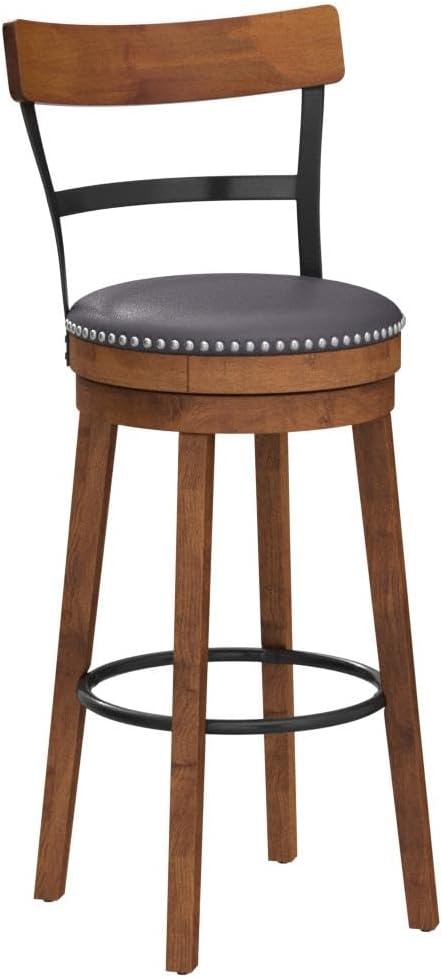 COSTWAY Bar Stools Set of 2, 360-Degree Swivel Stools with Leather Padded Seat, Single Slat Ladder Back & Solid Rubber Wood Legs, Bar Height Stools for Pub, Restaurant, Kitchen, Brown (2, 30.5)