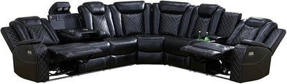 Power Reclining Sectional Sofa, Black Leather Couch with Recliners, Air Leather Sofa Couch with LED Lights/USB Port/Cup Holder for Living Room/Apartment/Office
