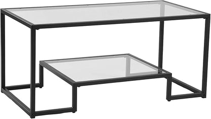VEVOR Coffee Table, Modern Tempered Glass Coffee Table, 2 Tiers Rectangle Glass Center Desk with Open Storage, Minimalist Sturdy Metal Frame Accent End Desk for Living Room, Office, Easy Assembly