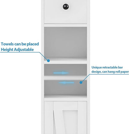 Maupvit Bathroom Cabinet with Adjustable Shelf, Storage Cabinet for Small Space, Tall Bathroom Storage Cabinet with Retractable Toilet Paper Rod, Narrow Cabinet with 2 Doors, 8 Compartments (White)