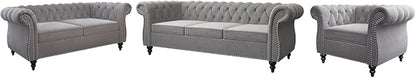 Chesterfield Loveseat Sofa, Modern Velvet Small Sofa Couch 2 Seater with Rolled Arms and Nailhead, Mid Century Modern Loveseat Couch for Small Spaces Living Room Bedroom Apartment, Grey