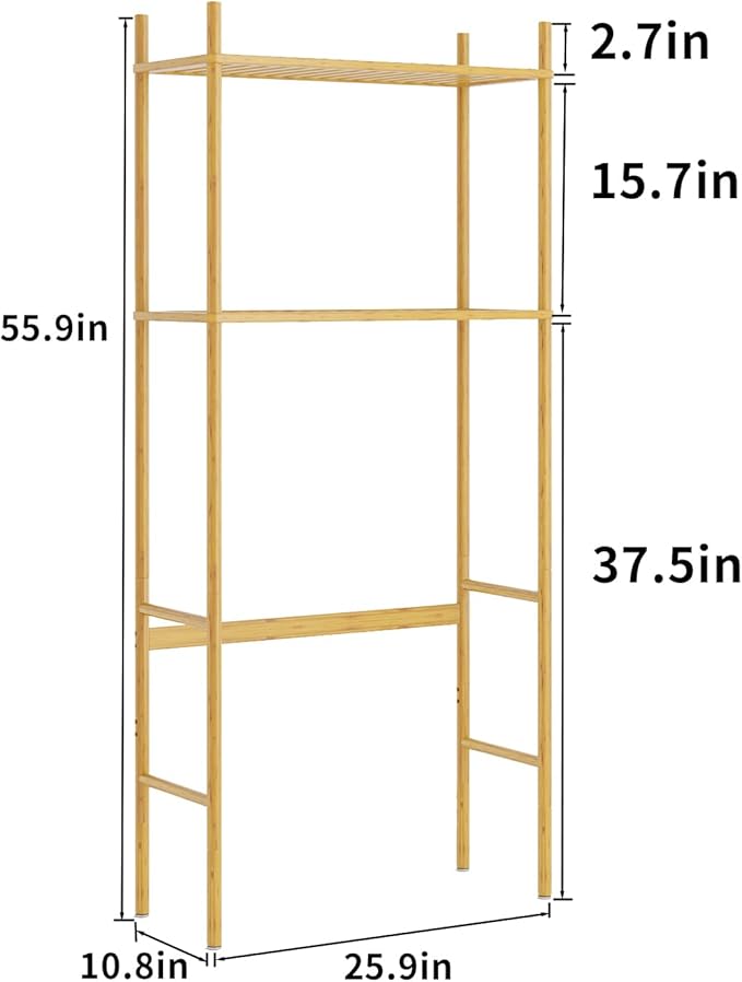2 Tier Over The Toilet Organizer Rack Bamboo, Freestanding Bathroom Toilet Storage Shelf, Space Saving and Easy to Install, Adjustable Feet, Adjustable Bottom Rod