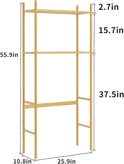2 Tier Over The Toilet Organizer Rack Bamboo, Freestanding Bathroom Toilet Storage Shelf, Space Saving and Easy to Install, Adjustable Feet, Adjustable Bottom Rod