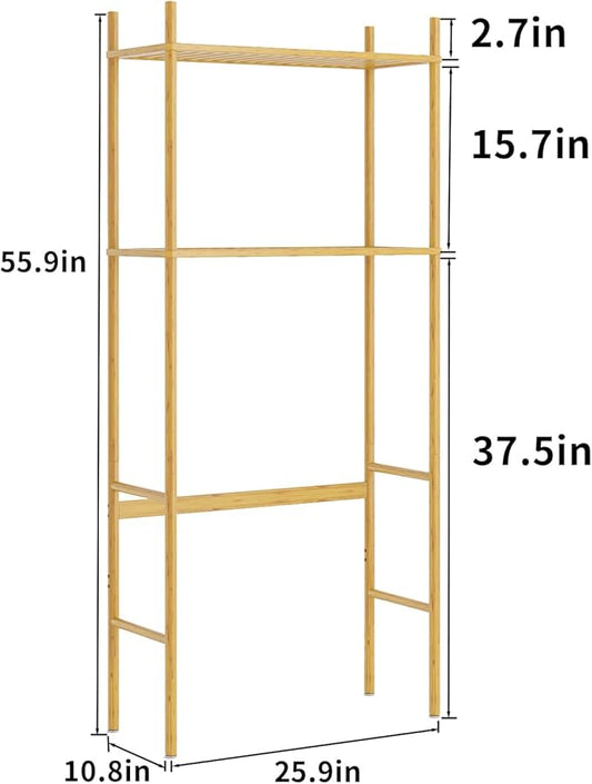 2 Tier Over The Toilet Organizer Rack Bamboo, Freestanding Bathroom Toilet Storage Shelf, Space Saving and Easy to Install, Adjustable Feet, Adjustable Bottom Rod