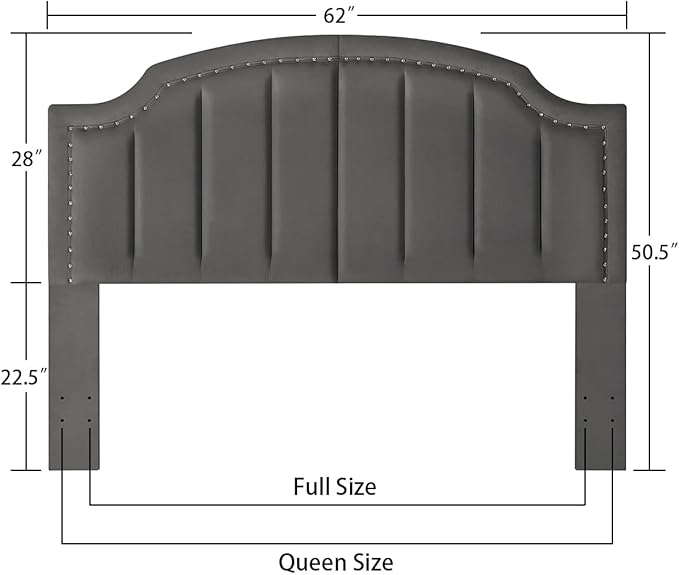 24KF Velvet Fabric Upholstered Queen/Full Headboard with Nail Trims,Modern Vertical Channel Design with Curved Headboard,6052-Q-Dark Gray