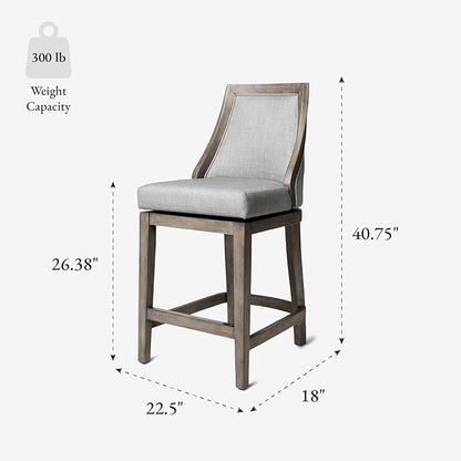 Maven Lane Vienna Counter Stools 26 Inches – Set of 4 – Swivel Stools with Footrests – Grey Solid Wood and Grey Fabric Upholstery – Ideal for Kitchen Islands and Counters