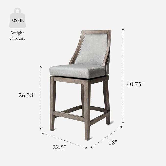 Maven Lane Vienna Counter Stools 26 Inches – Set of 3 – Swivel Stools with Footrests – Grey Solid Wood and Grey Fabric Upholstery – Ideal for Kitchen Islands and Counters