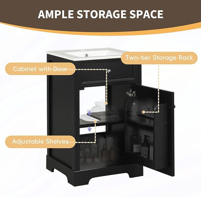 20" Bathroom Vanity with Sink, Wooden Bathroom Storage Cabinet with Soft Closing Door and Adjustable Shelve,Narrow Small Bathroom Cabinet for Small Space (20"× 18"×34"),Black