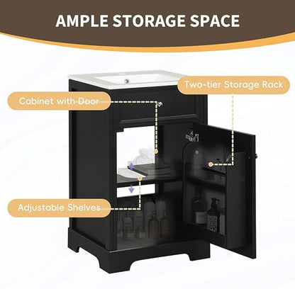 20" Bathroom Vanity with Sink, Wooden Bathroom Storage Cabinet with Soft Closing Door and Adjustable Shelve,Narrow Small Bathroom Cabinet for Small Space (20"× 18"×34"),Black