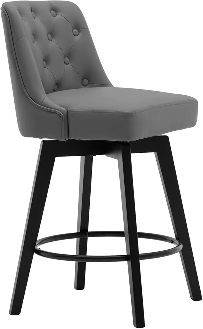 MINCETA Bar Stools Set of 3, PU Leather Barstools, 26 Inch Upholstered Counter Stools with Low Tufted Back and Footrest, Swivel Counter Height Barstools for Kitchen Island Home Bar Dark Gray