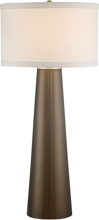 Possini Euro Design Karen Modern Table Lamp 36" Tall Dark Gold Tapered Glass Column Off White Fabric Drum Shade Decor for Living Room Bedroom House Bedside Nightstand Home Office Entryway Family