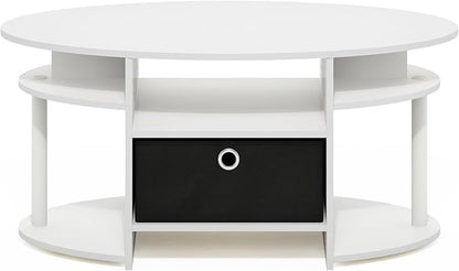Furinno Jaya Coffee Table, Oval Modern Coffee Table with Shelves and Storage Bin, Side Table, for Living Room, Bedroom, Home Office, White