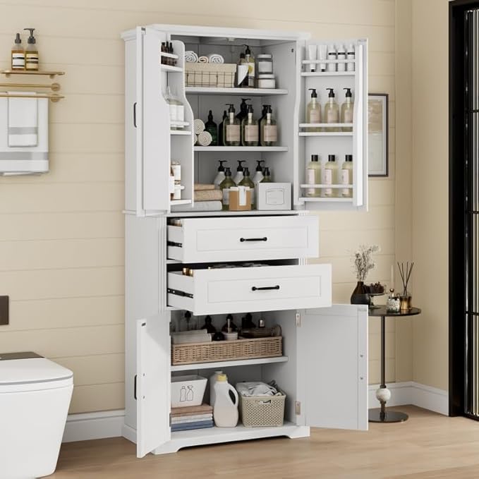 Polibi Elegant Storage Cabinet with Adjustable Shelves - 2 Drawers, 5 Interior Shelves & 6 Small Shelves, for Living Room/Bathroom, White