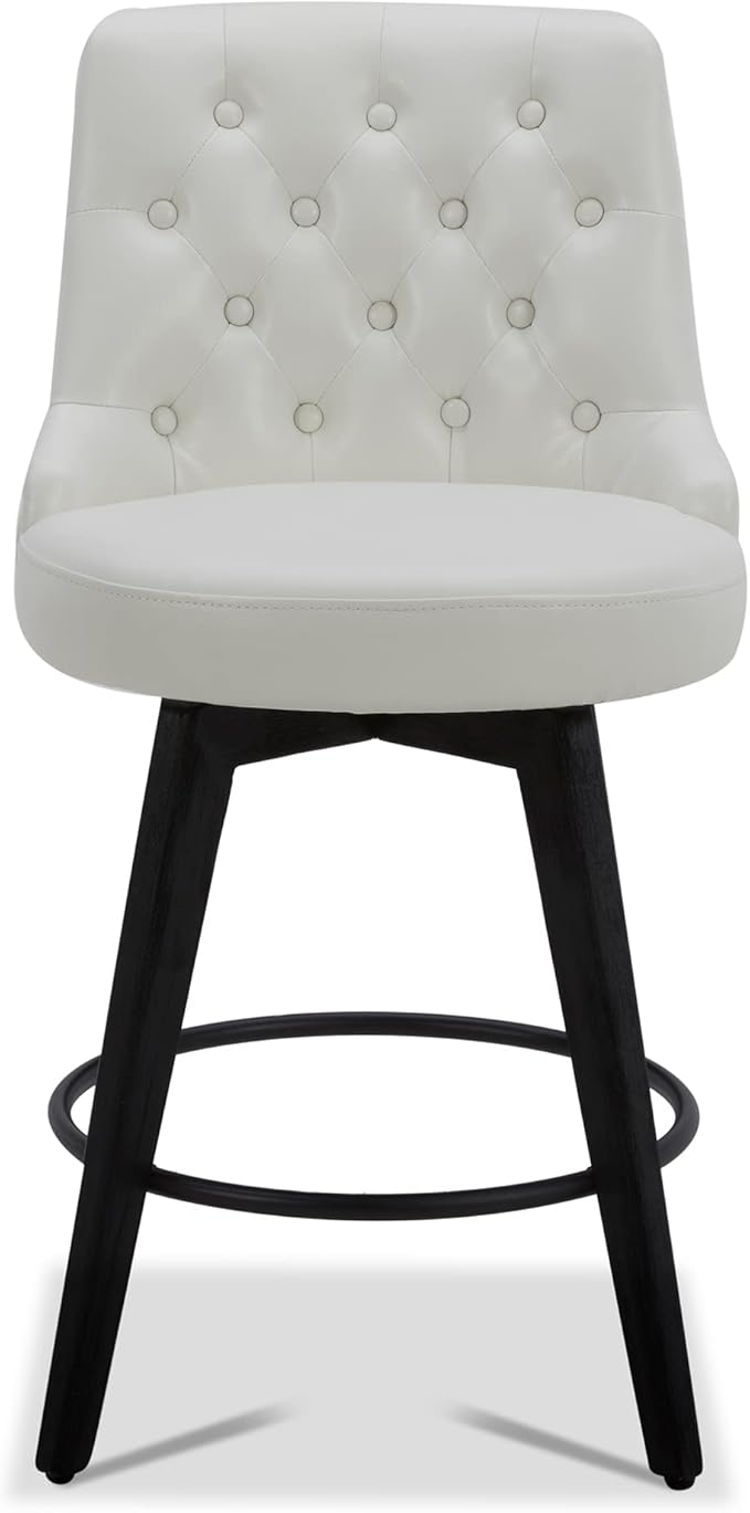 Watson & Whitely Modern Swivel Bar Stools, Faux Leather Upholstered Counter Height Bar Stool with Back, Solid Wood Legs, 26" H Seat, Set of 2, White