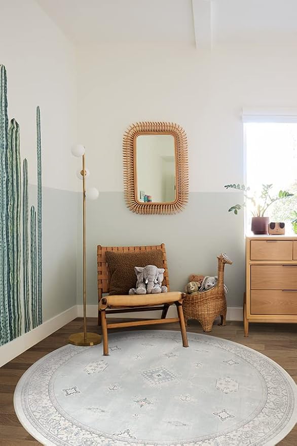 RUGGABLE Washable Vintage Area Rug – Verena Soft Blue 6 ft Round, Stain-Resistant, Non-Slip – Medium Machine Washable Rugs for Living Room, Bedroom, Hallway, Entryway & Office–with Standard Pad