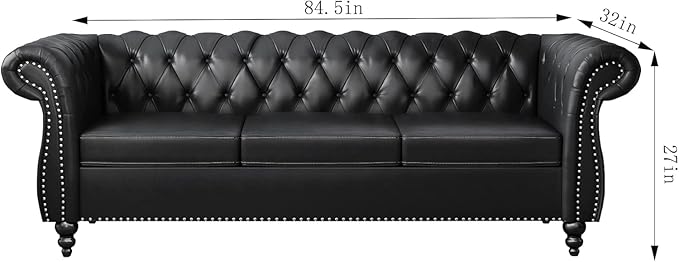 Chesterfield 3 Seater Sofa, Modern Leather Tufted Couch 3 Seater with Rolled Arms and Nailhead Mid-Century Upholstered Couch for Living Room, Bedroom, Apartment and Office, Black