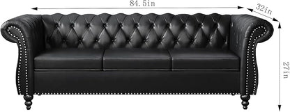 Chesterfield 3 Seater Sofa, Modern Leather Tufted Couch 3 Seater with Rolled Arms and Nailhead Mid-Century Upholstered Couch for Living Room, Bedroom, Apartment and Office, Black