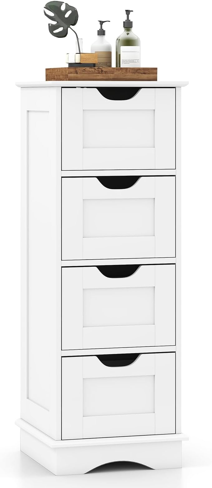 Giantex Bathroom Storage Cabinet with 4 Drawers, 32" Freestanding Storage Organizer Unit with Cutout Handles, Anti-Tipping Device, Narrow Floor Cabinet for Hallway, Living Room, Entryway (White)