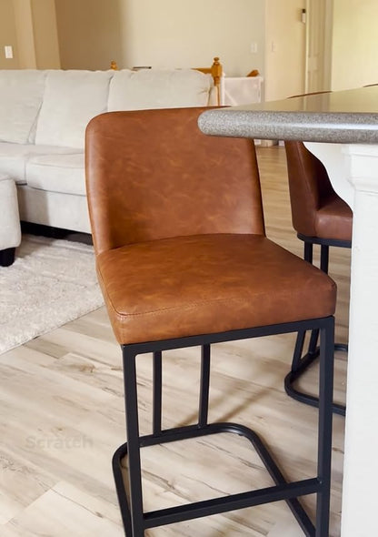 MAISON ARTS Counter Height Bar Stools with Back Set of 3 for Kitchen Counter, 24 Inch Modern Upholstered Faux Leather Barstools Farmhouse Bar Chairs Luxury Island Stools Support 330LBS, Brown