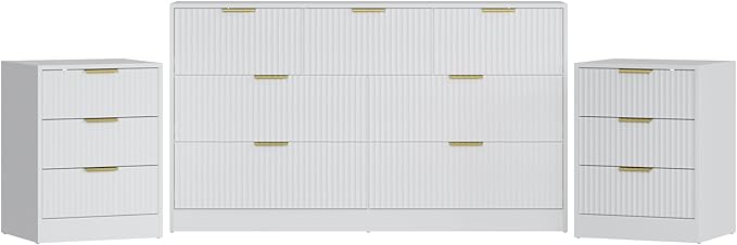 3-Piece Modern Bedroom Furniture Set, Wide 7-Drawer Dresser & 3-Drawer Nightstands Set of 2, Natural Wood Dresser and Nightstand Sets for Bedroom, Hallway, White