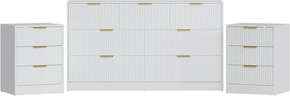 3-Piece Modern Bedroom Furniture Set, Wide 7-Drawer Dresser & 3-Drawer Nightstands Set of 2, Natural Wood Dresser and Nightstand Sets for Bedroom, Hallway, White