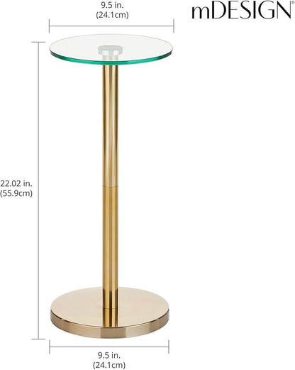 mDesign Glass Top Side/End Drink Table - Small Modern Round Accent Metal Nightstand Furniture for Living Room, Dorm, Home Office, and Bedroom - 9" Round - Clear/Soft Brass
