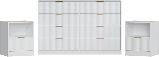3-Piece Modern Bedroom Furniture Set, Wide 8-Drawer Dresser & 1-Drawer Nightstands Set of 2, Natural Wood Dresser and Nightstand Sets for Bedroom, Hallway, White
